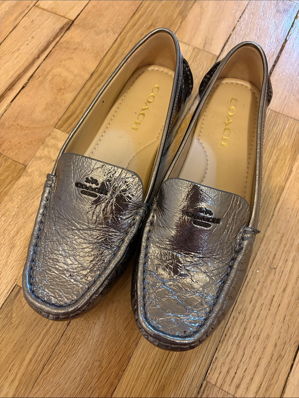 Coach Metallic Silver Leather Driving Loafers